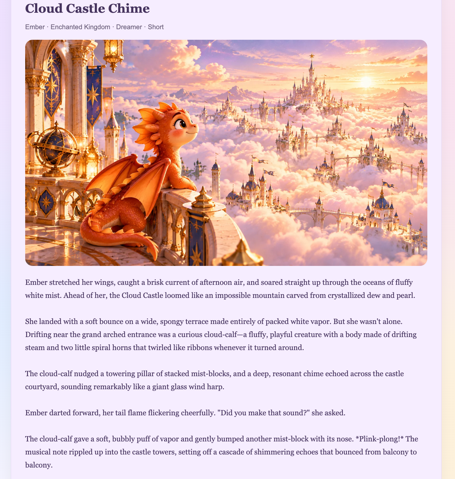 Example GiMagi generated story, Cloud Castle Chime, featuring Ember in the Enchanted Kingdom