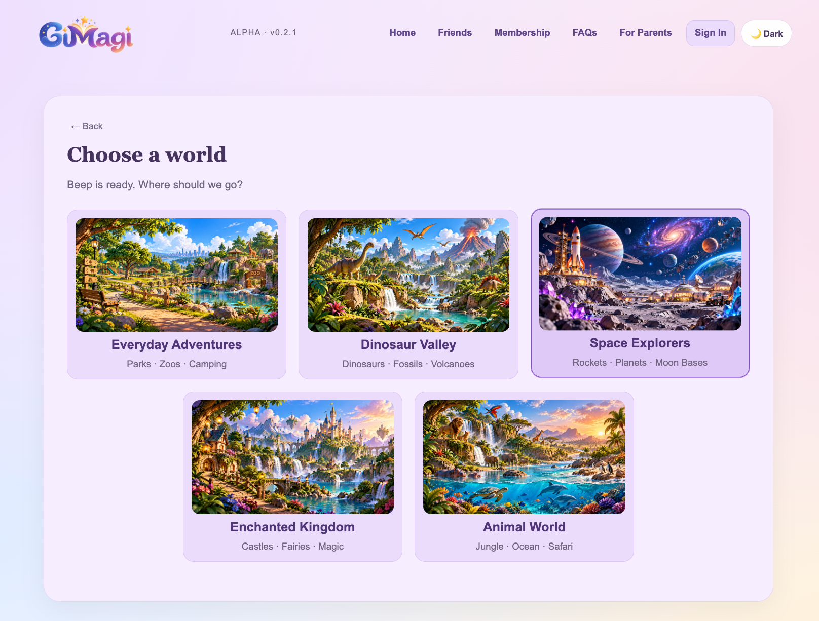GiMagi story-style selection showing Wisher, Dreamer and Wonderer